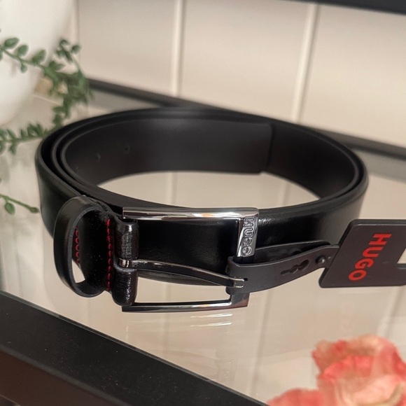 HUGO Other - NEW HUGO Black Cow Skin Leather Garney Gun Metal Buckle Belt 44” 115 cm